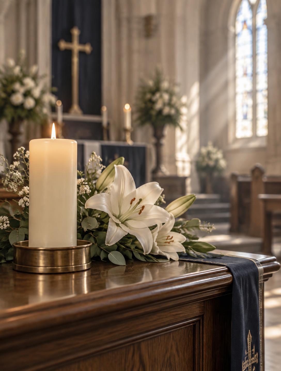Ivory candle and white lilies on a wooden table inside a sunlit church