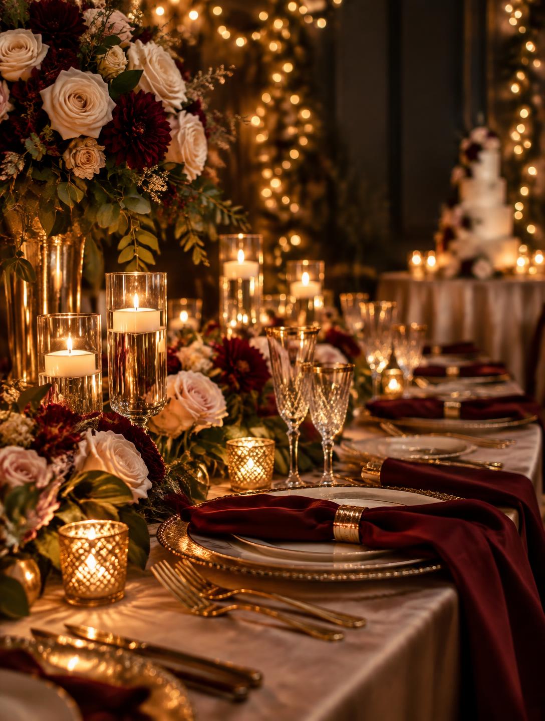 Candlelit wedding reception table with cream roses and warm gold lighting